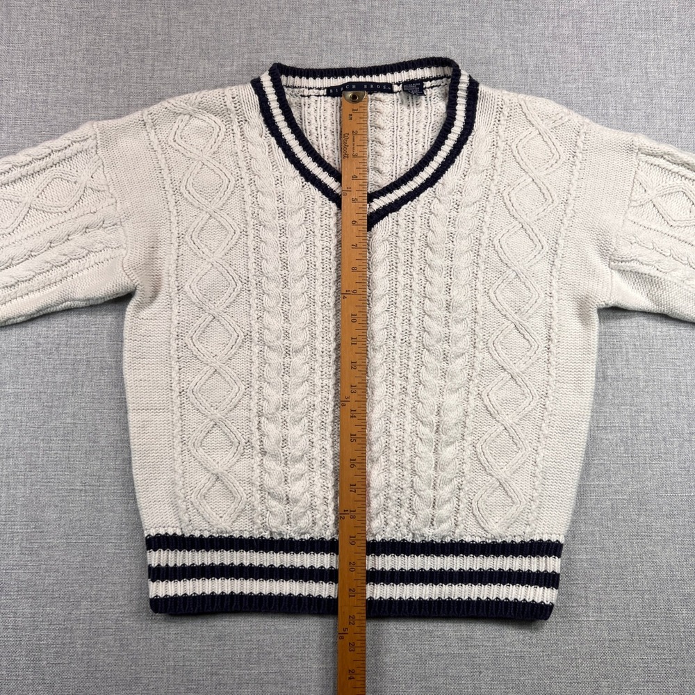 VTG 90s Birch Bros Cable Knit Cricket Sweater Women L White Navy Ivy Tennis Prep - Picture 7 of 9